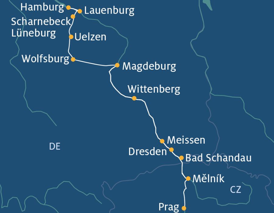 900x700 Route Hamburg Magdeburg Wittenberg Meissen Dresden Prag